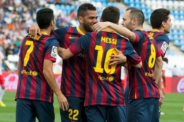 David Villa, Eric Abidal, Lionel Messi and Andres Iniesta